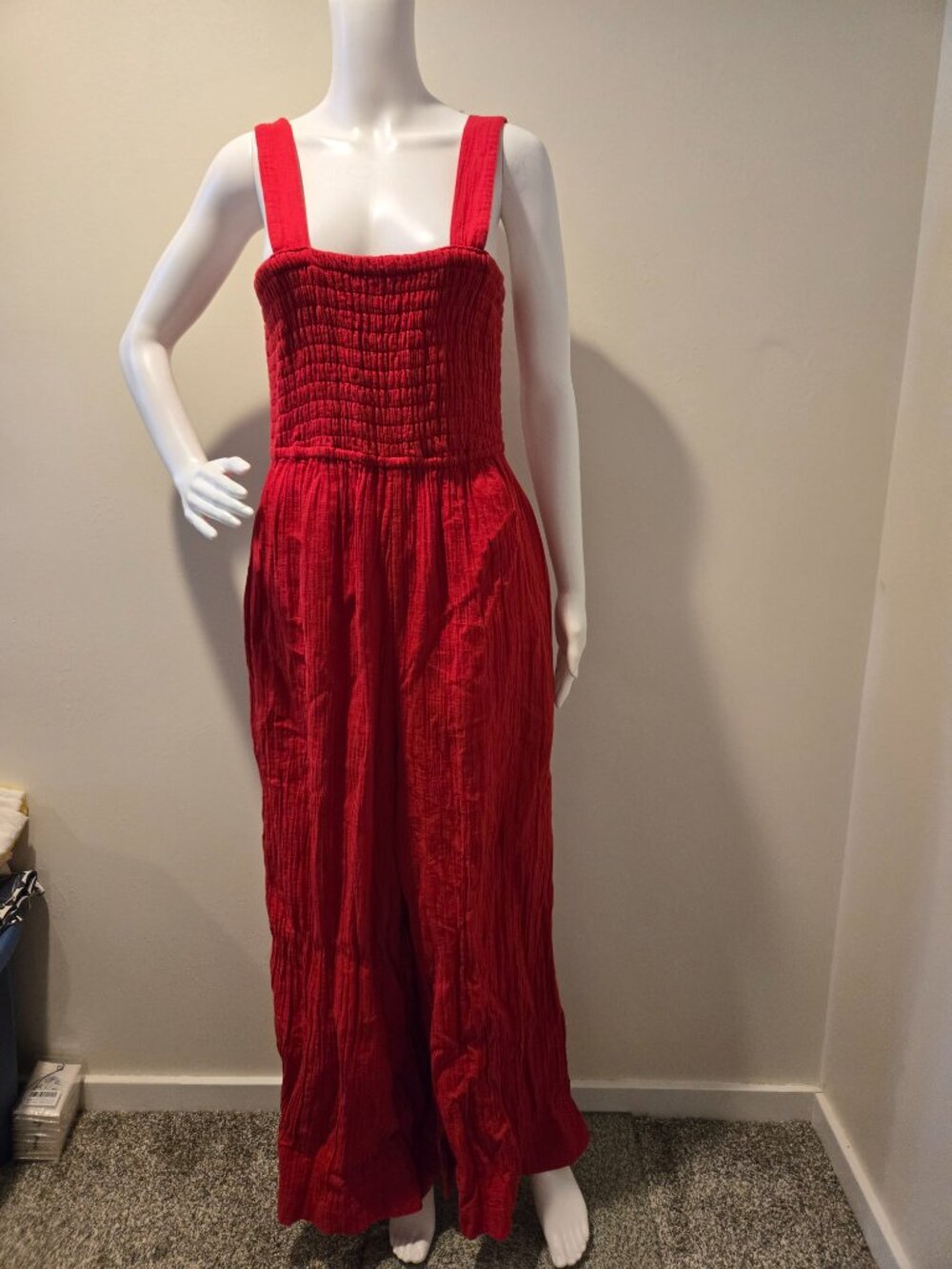 Quince Organic Cotton Gauze Sleeveless Smocked Jumpsuit Wild Cherry M